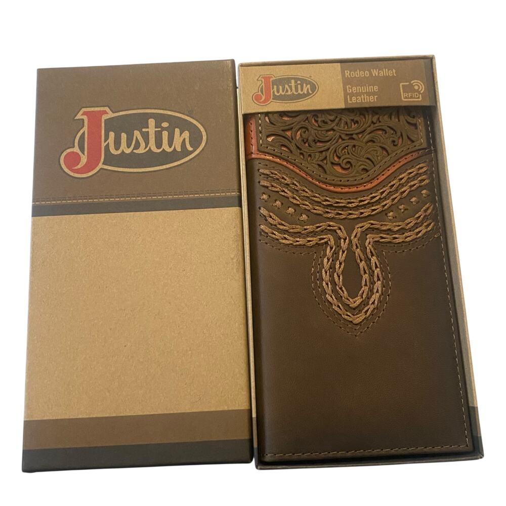 NWT Men’s Justin Russet Inlay Rodeo Genuine Leather Brown Western RFID Wallet